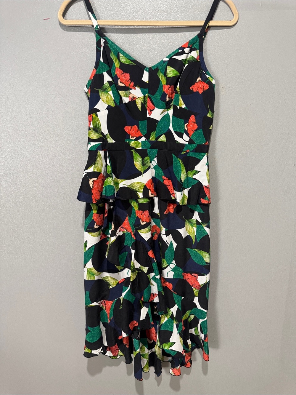 J. Crew Black Midi Dress with Green Leaves & Red Floral Print